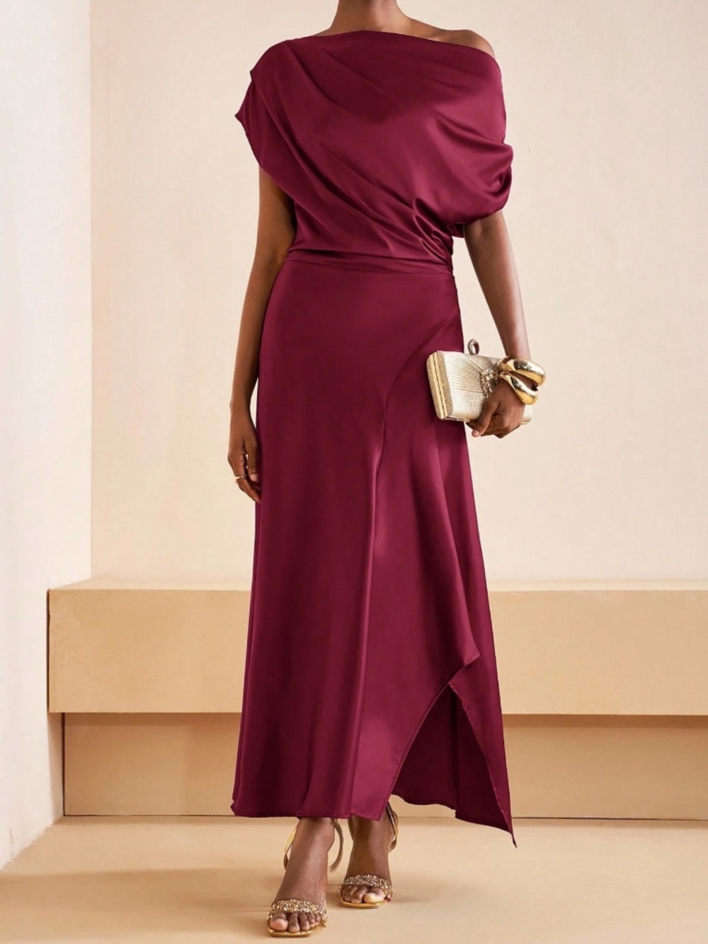 Luxe Satin One shoulder Ruched Party evening Formal Wedding Dress